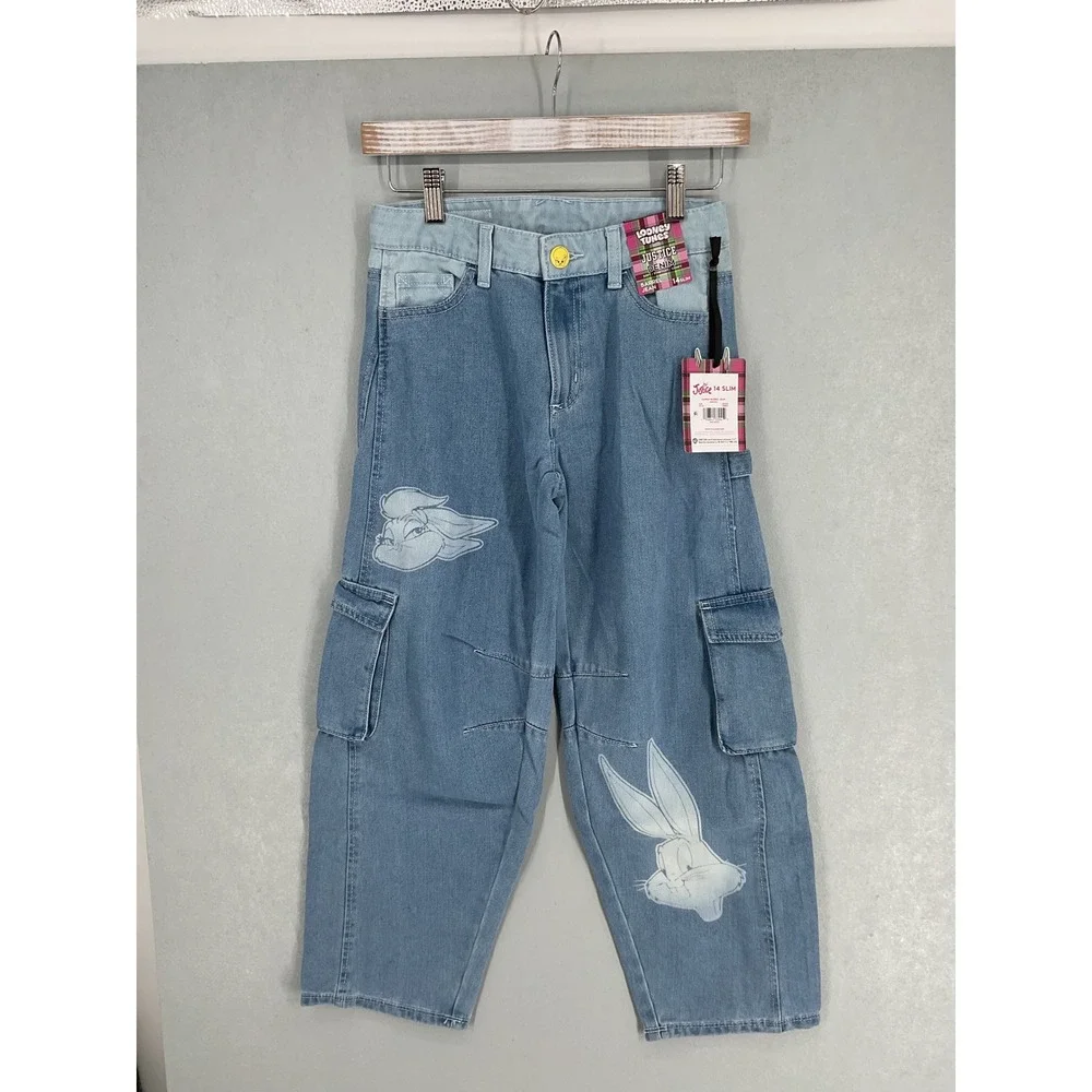 Justice Girls Looney Tunes Cargo Barrel Jeans Bugs Bunny Lola Blue 14 Slim NWT